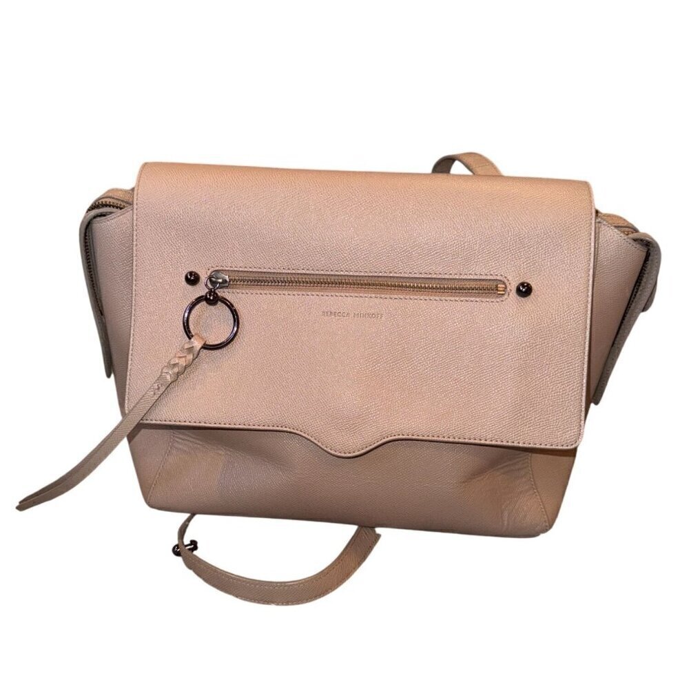 Rebecca Minkoff Beige Leather Crossbody Bag With Adjustable Strap & Front Zipper